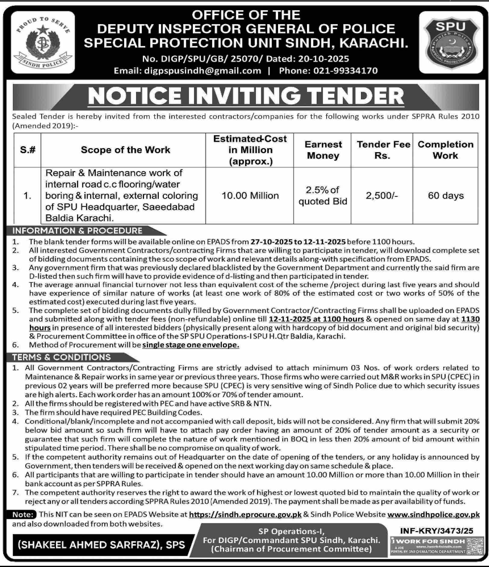 Police Department Karachi Tender Notice 1